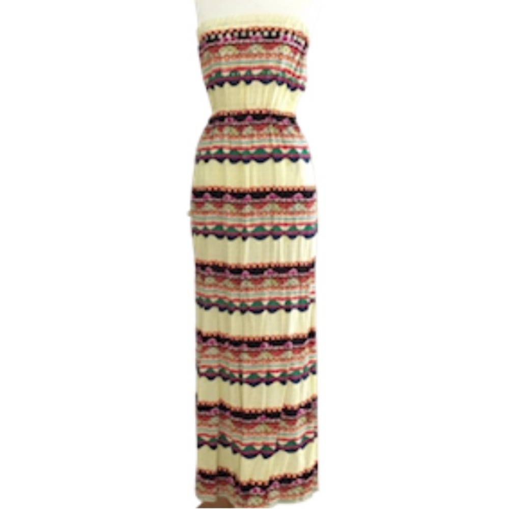 Boho Indie Dress Tribal Southwestern Studded Strapless Pockets High Slits Size M